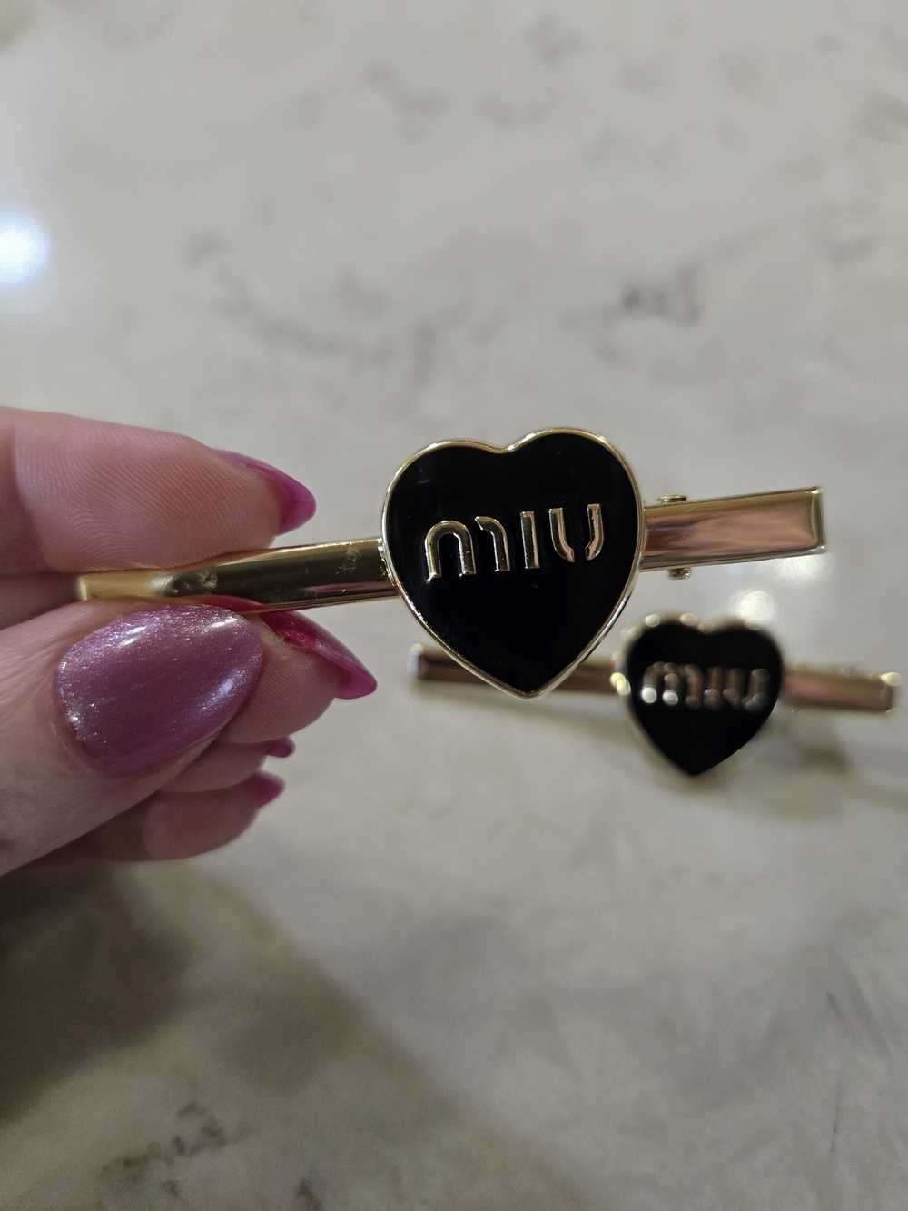 Miu Miu Black Heart Logo Gold Barrettes (2 Pack)